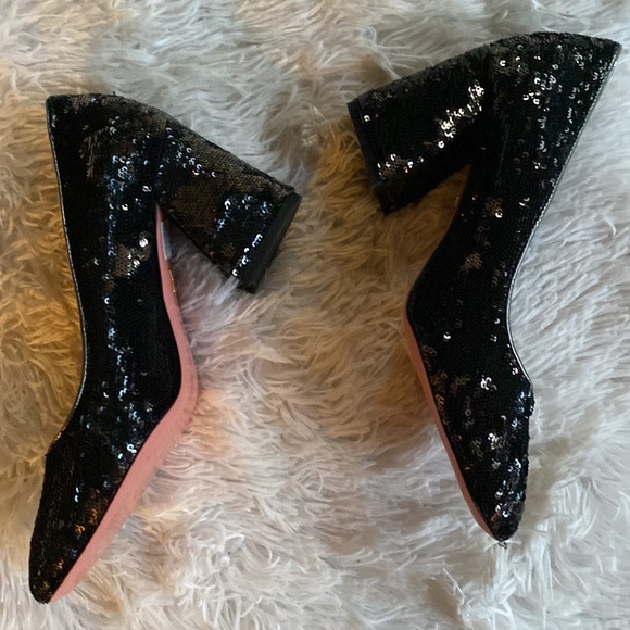 Women’s Sequins Sz 40 formal glam  stacked heel JF London black slip on shoes - Picture 6 of 11